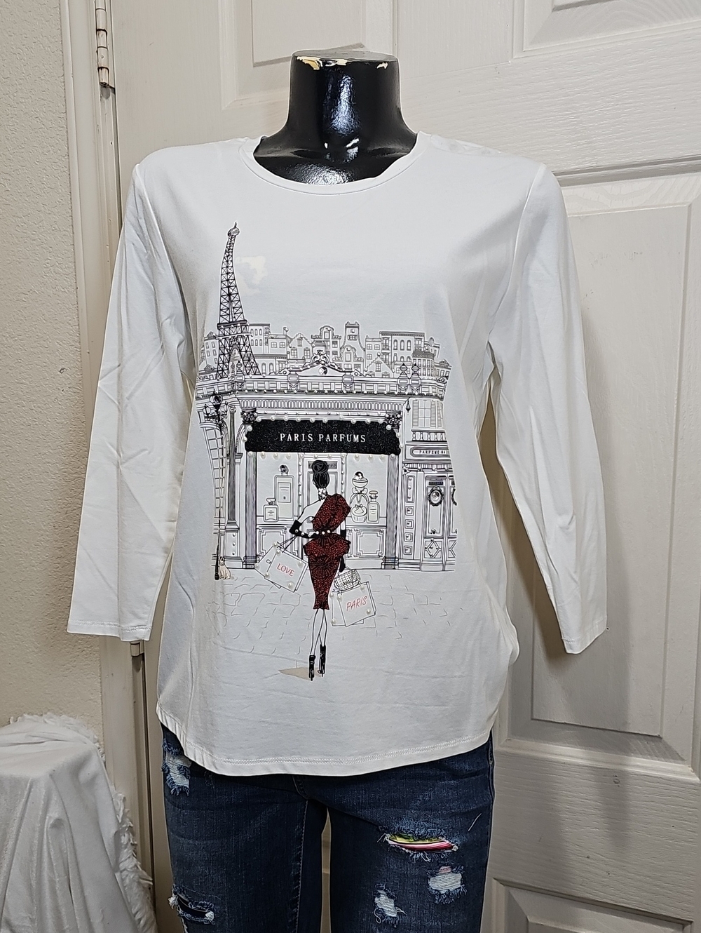 Mesh+l9ve Women's White Paris Graphic Long-Sleeve Top